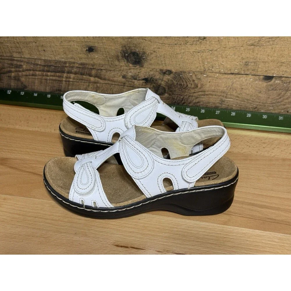 🔥Clarks Sandals Womens 7 Lexi Walnut Q Slingback White Block Heels- EXCELLENT!!